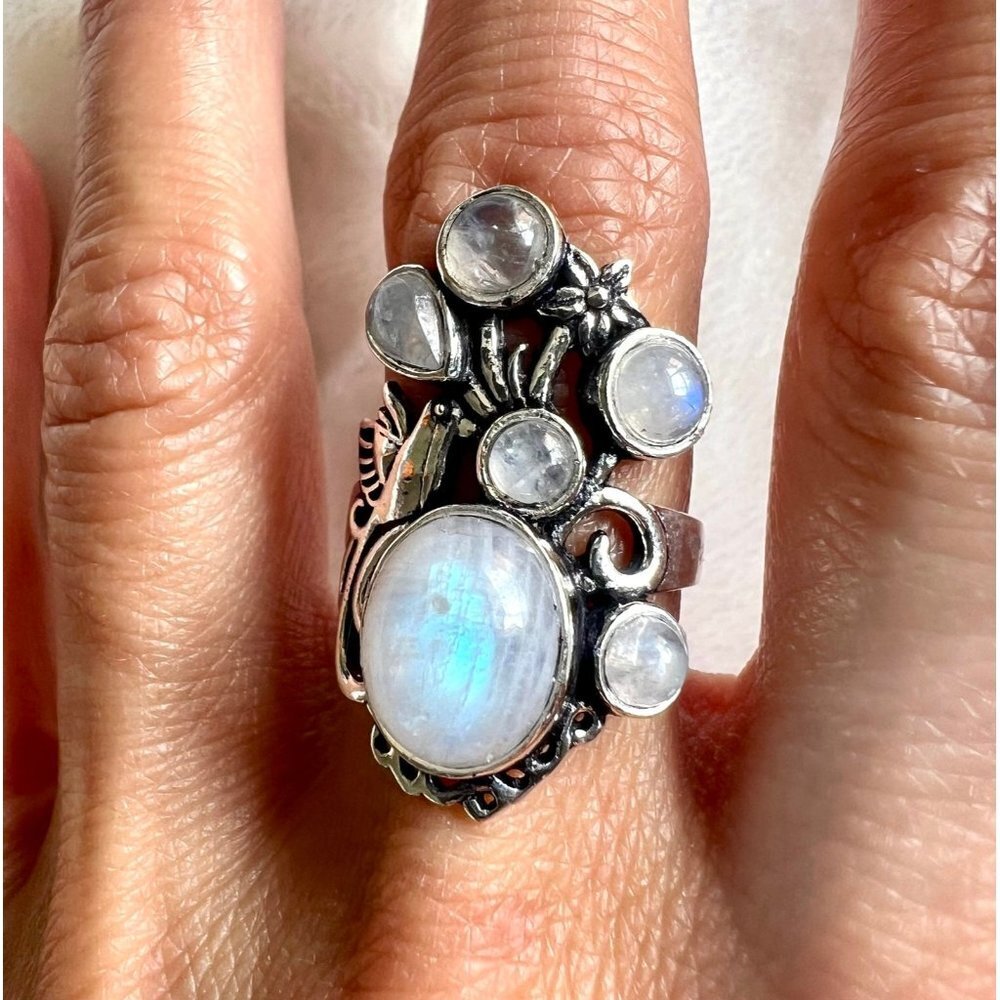 925 Rainbow Moonstone BIRD Flower Ring 6, 7, 8, 8.5, 9, 10